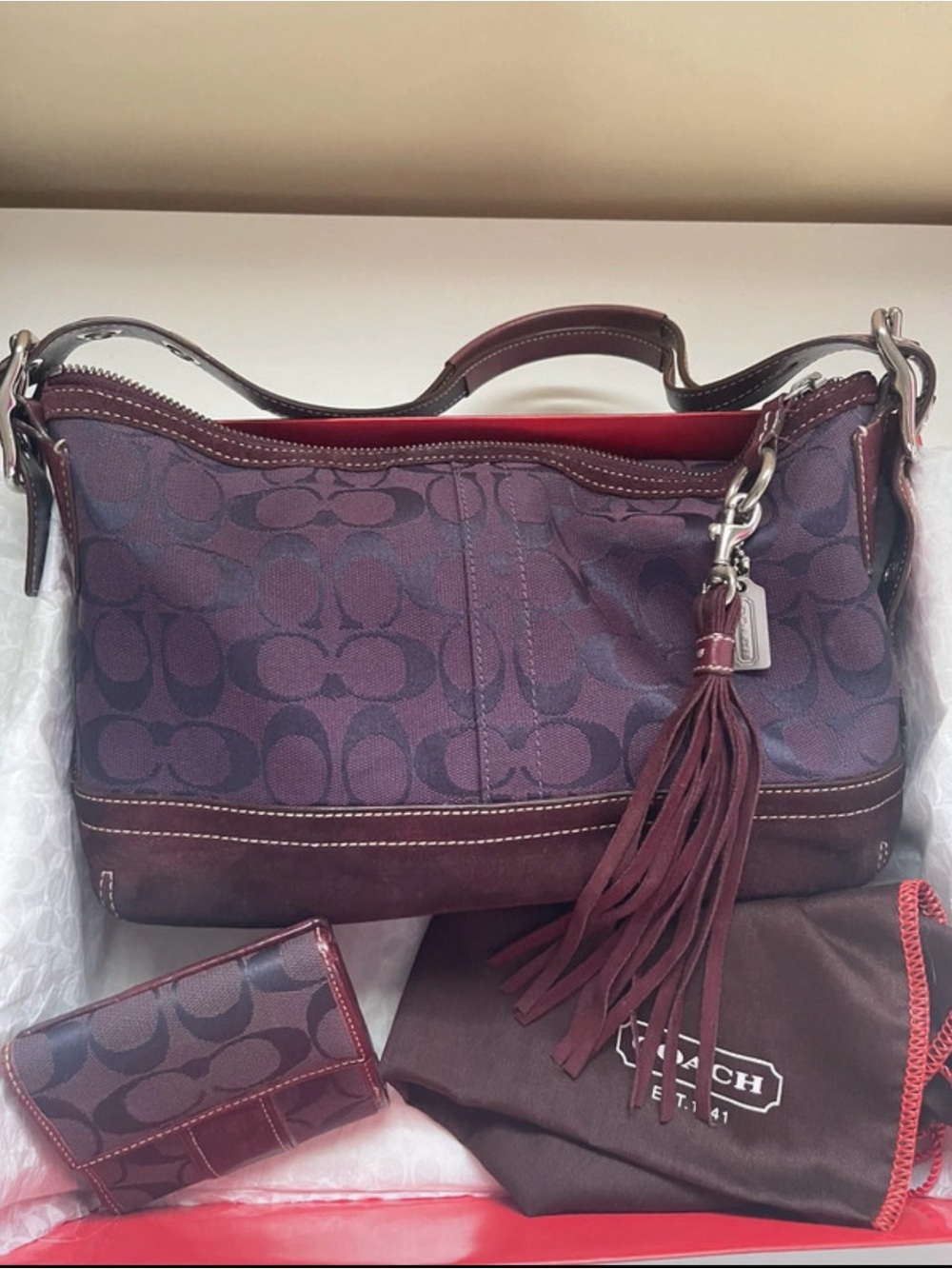 Coach Maroon Signature Canvas Hobo with Tassel Charm original box